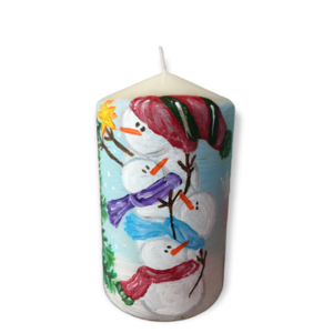 Κερί με χιονάνθρωπους με έλατο /9χ6 /μικρό/ ζωγραφισμένο/ χειροποίητο - χαρτί, χιονονιφάδα, χιονάνθρωπος, χριστουγεννιάτικα δώρα, κεριά & κηροπήγια