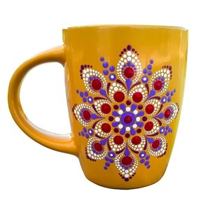 Κίτρινη κεραμική κούπα mandala "Αλθέα" 330ml - ζωγραφισμένα στο χέρι, πηλός, χειροποίητα, κούπες & φλυτζάνια, mandala