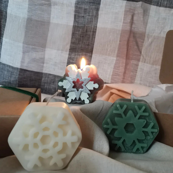 Χριστουγεννιάτικο Σετ 2 Χιονονιφάδες + ΔΩΡΟ βαζάκι με σπίρτα - χειροποίητα, αρωματικά κεριά, κεριά, vegan κεριά - 3