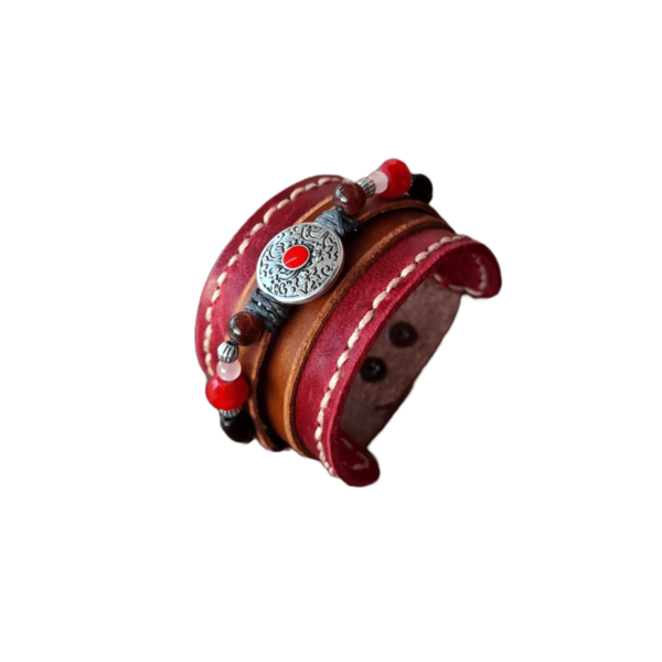 Φαρδύ Κόκκινο Γυναικείο Δερμάτινο Βραχιόλι small με ημιπολύτιμες χάντρες, 4 Χ 19 εκ - δέρμα, ημιπολύτιμες πέτρες, χάντρες, ατσάλι, φαρδιά