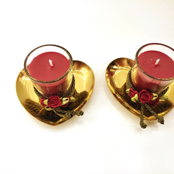 Αρωματικά κεριά σετ κόκκινο κανέλλα σέ γυάλινο ποτήρι σε επίχρυσες καρδιές 5εκΧ8 εκ - γυαλί, μέταλλο, κερί, αρωματικά κεριά - 2