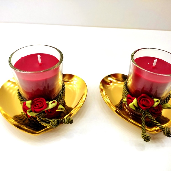 Αρωματικά κεριά σετ κόκκινο κανέλλα σέ γυάλινο ποτήρι σε επίχρυσες καρδιές 5εκΧ8 εκ - γυαλί, μέταλλο, κερί, αρωματικά κεριά