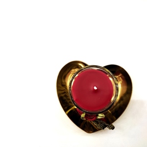 Κερί κόκκινο σε ποτηράκι με άρωμα κανέλλα σε επίχρυση μεταλλική καρδιά 5εκ Χ8εκ - γυαλί, μέταλλο, γάμου, κερί - 2