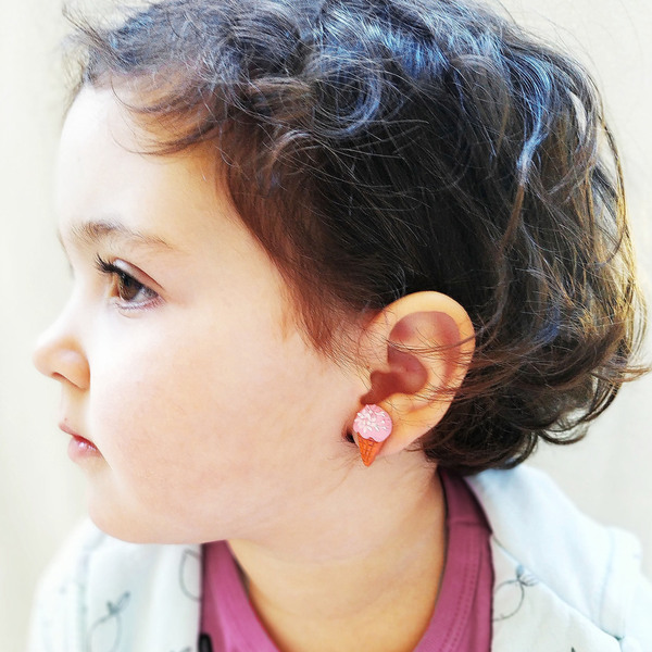 Παιδικά Σκουλαρήκια από πολυμερικό πηλό για κορίτσια με ή χωρίς τρύπες στα αυτιά, Παιδικό κόσμημα , Δώρο για κορίτσια, Ροζ παγωτό - πηλός, καρφωτά, μικρά - 3