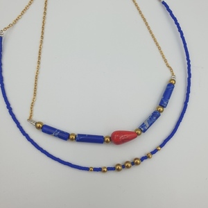 Κολιέ με ημιπολύτιμες πέτρες μπλε και κοκκινο χαολίτη και αιματίτη σε χρυσή αλυσίδα - ημιπολύτιμες πέτρες, επιχρυσωμένα, κοντά, ατσάλι - 3