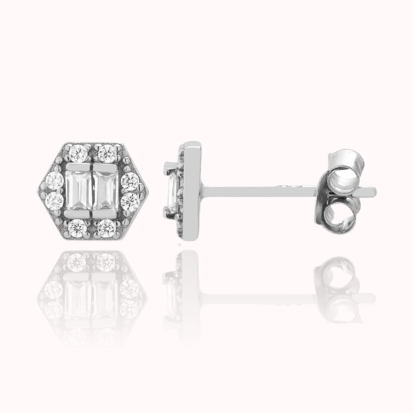Σκουλαρίκια Πολύγωνα Με Λευκά Ζιργκόν - στρας, ασήμι 925, καρφωτά, μικρά, επιπλατινωμένα - 3