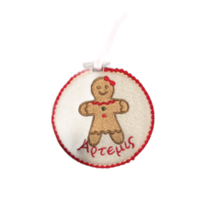 Χριστουγεννιάτικο διακοσμητικό στολίδι Gingerbread σε τελάρο κεντήματος 10 εκ. , κεντημένο σε φετρίνα. - ύφασμα, στολίδια, προσωποποιημένα - 2