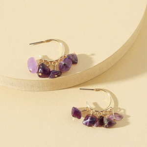 Purple stone earrings - επιχρυσωμένα, ορείχαλκος, λουλούδι, μικρά, κρεμαστά