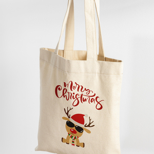 Υφασμάτινη μπεζ τσάντα 40x39 εκατοστά, Χριστουγεννιάτικη τσάντα με ελαφάκι, δώρο Χριστουγέννων - ύφασμα, ώμου, χριστούγεννα, tote - 2
