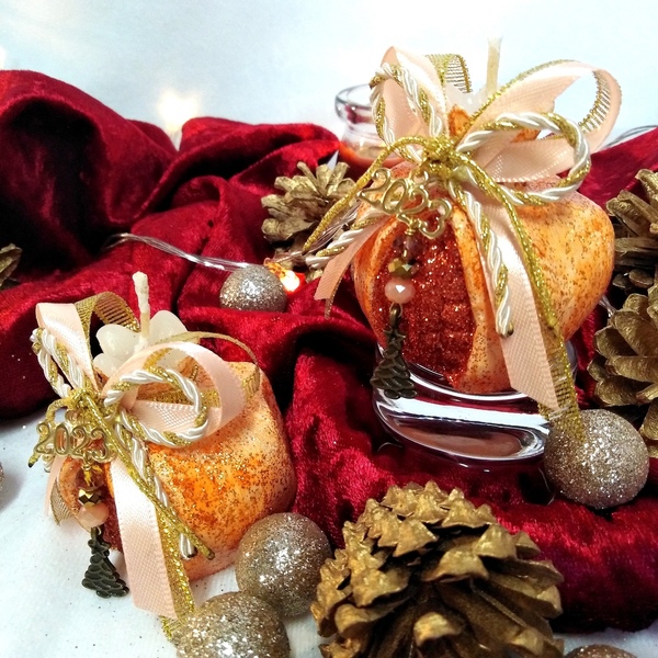 Γούρι 2024 αρωματικό κερί ρόδι πορτοκαλί-χάλκινο 6*6cm - γυαλί, χριστουγεννιάτικα δώρα, κεριά, γούρια, πρωτοχρονιά - 4