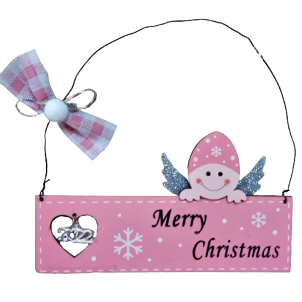Ξύλινο χριστουγεννιάτικο κρεμαστό διακοσμητικό για παιδικό δωμάτιο σε ροζ χρώμα ( 17,5 χ 17 εκ. ) - ξύλο, δώρα για παιδιά, διακοσμητικά, αγγελάκι, γούρι 2023 - 2