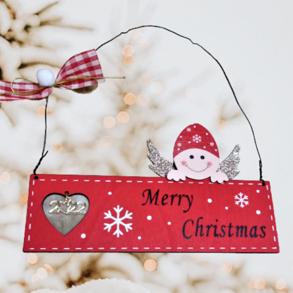 Ξύλινο χριστουγεννιάτικο κρεμαστό διακοσμητικό για παιδικό δωμάτιο σε κόκκινο χρώμα ( 17,5 χ 17 εκ. ) - ξύλο, δώρα για παιδιά, διακοσμητικά, αγγελάκι, γούρι 2023 - 5