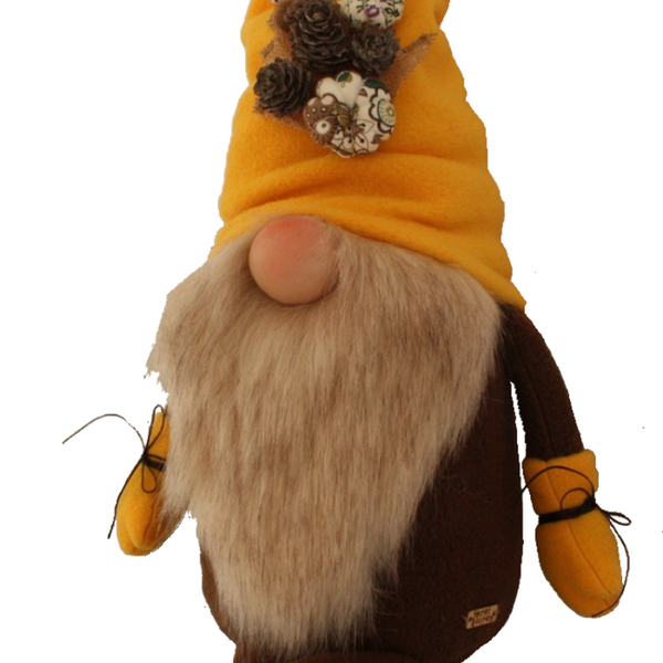 Νάνος (Gnome) υφασμάτινος με ώχρα σκούφο 70 εκ - ύφασμα, μαμά, διακοσμητικά, χριστουγεννιάτικα δώρα, άγιος βασίλης - 2