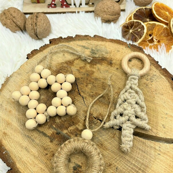 Στολίδι Δέντρου Αστερι με ξυλινες χαντρες - ξύλο, νήμα, αστέρι, στολίδια, μπάλες - 2