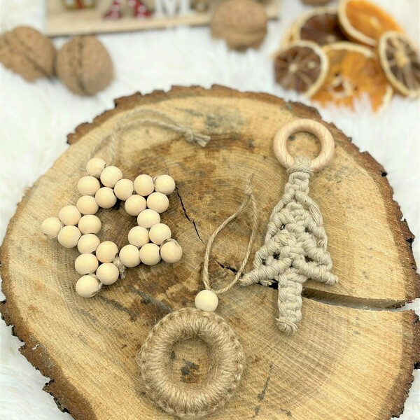 Χριστουγεννιάτικα Στολίδια Βoho (Σετ 3 τμχ.) - ξύλο, νήμα, αστέρι, στολίδια - 2
