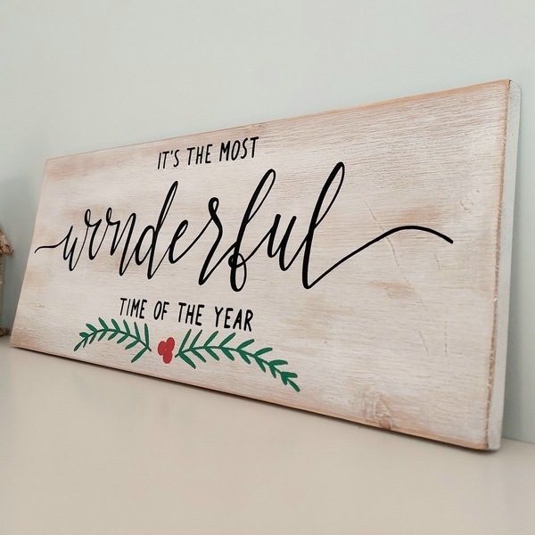 "It's the most wonderful time of the year" - Χριστουγεννιάτικη ξύλινη πινακίδα 50x20 εκ - ξύλο, διακοσμητικά, χριστουγεννιάτικα δώρα - 5