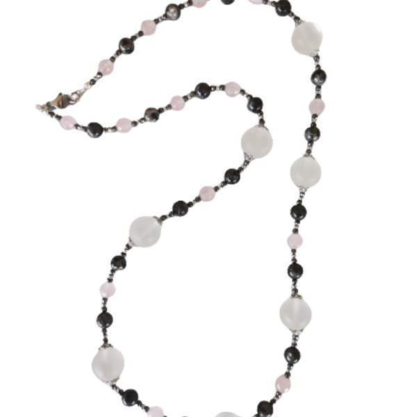 Μακρύ κολιέ με ροζ quartz και λαμπραντορίτη - ημιπολύτιμες πέτρες, μακριά, ατσάλι, μεγάλα