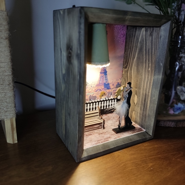 Ξύλινο χειροποίητο διακοσμητικό φωτιστικό ρομαντική βόλτα στο Παρίσι - πορτατίφ, δώρο γεννεθλίων - 5