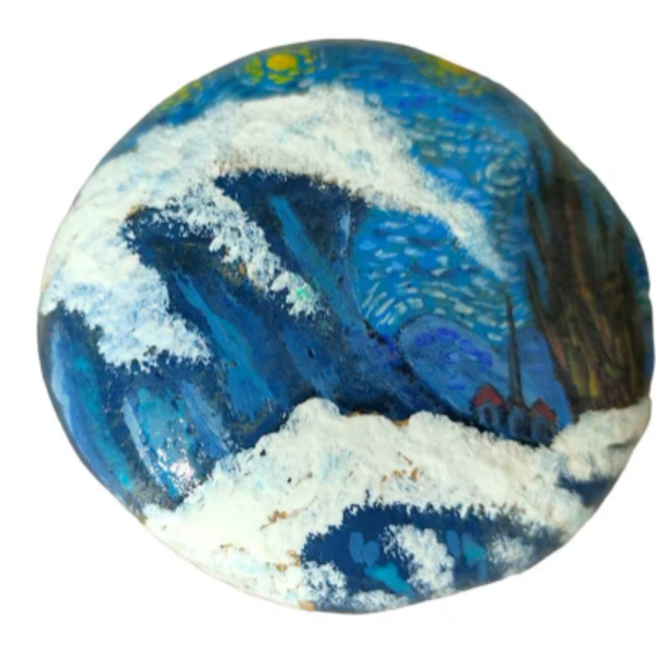 Η έναστρη νύχτα του Βαν Γκογκ και το μεγάλο κύμα ζωγραφισμένα στο χέρι σε πέτρα, διαστάσεις 7χ7 εκ. - πέτρα, διακοσμητικές πέτρες - 4