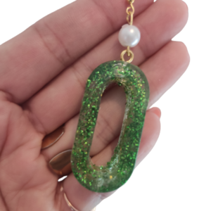 Σκουλαρίκια από υγρό γυαλί σε πράσινο χρώμα με γκλιτερ - γυαλί, κρεμαστά, μεγάλα