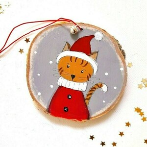 Ξύλινο στολίδι "Santa Kitty"!!! - ξύλο, όνομα - μονόγραμμα, γάτα, στολίδια, προσωποποιημένα