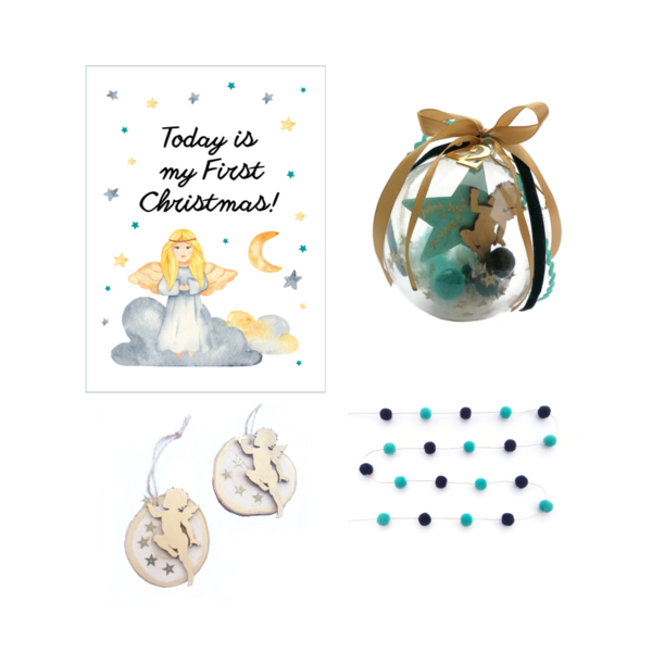 Σετ Δώρου Τα Πρώτα μου Χριστούγεννα με Χρυσά Ξύλινα Αγγελάκια Μπάλα/Γιρλάντα/Στολίδια/Κάρτα Αναμνηστική Αγόρι - plexi glass, πρώτα Χριστούγεννα, αγγελάκι, σετ δώρου