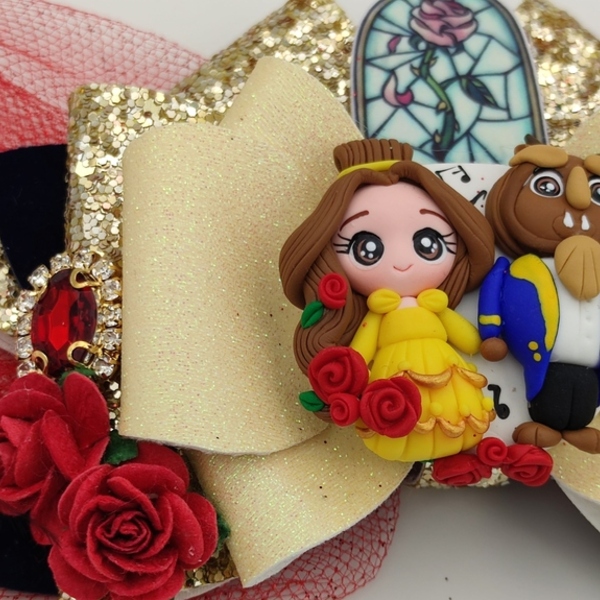 Παιδικό Κλιπ Μαλλιών Πριγκίπισσα και Τερας από glitter ύφασμα χρυσο-κοκκινο 15x13 - κορίτσι, αξεσουάρ μαλλιών - 3