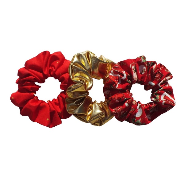 Σετ δώρου με 3 χριστουγεννιάτικα Scrunchies κόκκινο/ χρυσό - ύφασμα, χειροποίητα, αξεσουάρ, χριστουγεννιάτικα δώρα, δώρα για γυναίκες