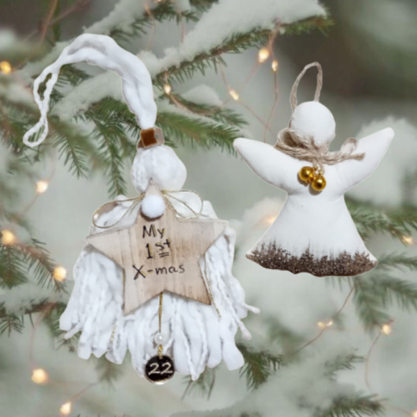Σετ δώρου - αγγελάκι από ύφασμα σε εκρού χρώμα & γούρι¨ My 1st Christmas " από βαμβακερό νήμα και ξύλινο αστέρι ( 2 τεμ.) - ύφασμα, ξύλο, πρώτα Χριστούγεννα, αγγελάκι, σετ δώρου - 4