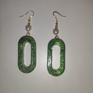 Σκουλαρίκια από υγρό γυαλί σε πράσινο χρώμα με γκλιτερ - γυαλί, κρεμαστά, μεγάλα - 2