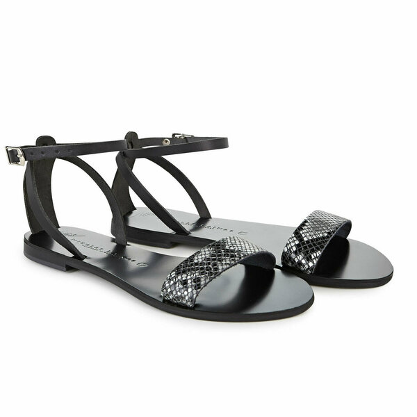 Ύδρα Black Python - δέρμα, μαύρα, αρχαιοελληνικό, φλατ, ankle strap