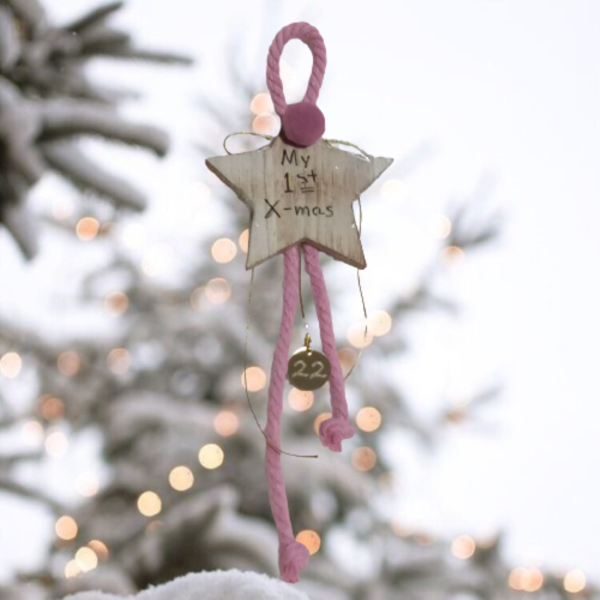 Γούρι¨ My 1st Christmas " από βαμβακερό κορδόνι σε ροζ χρώμα και ξύλινο αστέρι - διάσταση 9 χ 24 εκ. - ξύλο, αστέρι, πρώτα Χριστούγεννα, γούρια, γούρι 2023 - 2