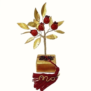 Γούρι διακοσμητικό δέντρο ροδιά από χρυσό μέταλλο και κόκκινα ρόδια πορσελάνης 17 Χ 12 - μέταλλο, ρόδι, γούρια