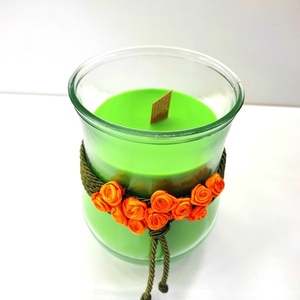 Χειροποίητο αρωματικό κερί 500γρμ πράσινο με άρωμα βανίλια σε γυάλινο ποτήρι 13χ9 εκ. - ύφασμα, γυαλί, αρωματικά κεριά, κεριά & κηροπήγια - 4