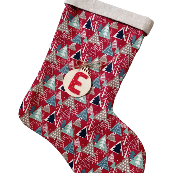 Χριστουγεννιάτικη διακοσμητική κάλτσα μπορντώ με πράσινα δεντράκια - ύφασμα, στολίδια - 3