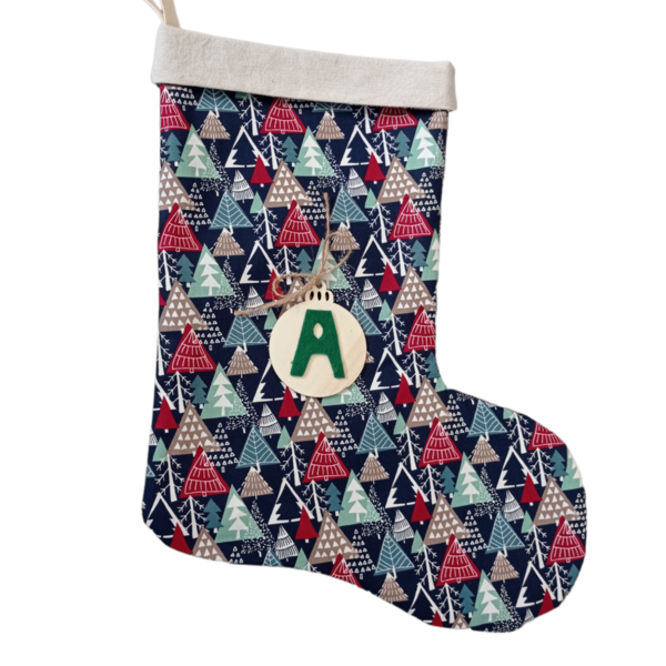 Χριστουγεννιάτικη διακοσμητική κάλτσα μπλε με δεντράκια - ύφασμα, στολίδια - 2