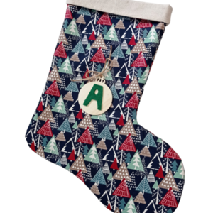 Χριστουγεννιάτικη διακοσμητική κάλτσα μπλε με δεντράκια - ύφασμα, στολίδια - 3