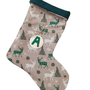 Χριστουγεννιάτικη διακοσμητική κάλτσα μπεζ με ταρανδάκια πράσινα - ύφασμα, διακοσμητικά - 3