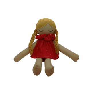 Χειροποίητη κούκλα με κίτρινα μαλλιά και χριστουγεννιάτικο κόκκινο φόρεμα - λούτρινα
