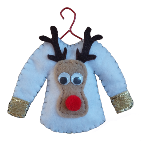 Χριστουγεννιάτικο πουλόβερ στολίδι ugly sweater- τάρανδος υφασμάτινο με κρεμάστρα 12 εκ. - στολίδι δέντρου, στολίδια, μαλλί felt