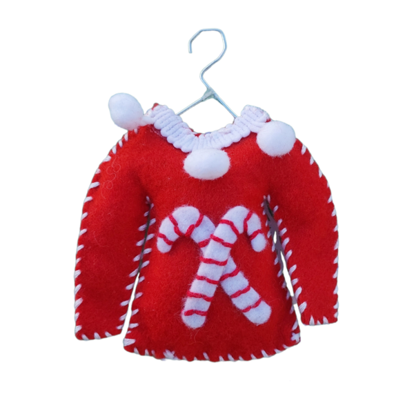 Χριστουγεννιάτικο πουλόβερ στολίδι ugly sweater- κόκκινα ζαχαρωτά υφασμάτινο με κρεμάστρα 12 εκ. - ύφασμα, τσόχα, χριστουγεννιάτικα δώρα, στολίδια