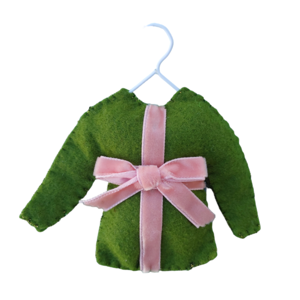 Χριστουγεννιάτικο πουλόβερ στολίδι ugly sweater- δωράκι ροζ φιόγκος υφασμάτινο με κρεμάστρα 12 εκ. - ύφασμα, χριστουγεννιάτικα δώρα, στολίδι δέντρου, στολίδια