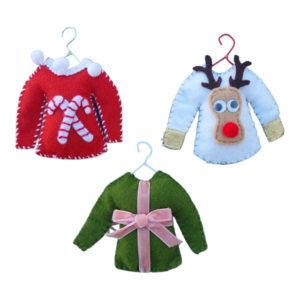 Χριστουγεννιάτικα πουλόβερ στολίδια ugly sweaters- ΣΕΤ 3 τμχ. υφασμάτινα με κρεμάστρα 12 εκ. - ύφασμα, χριστουγεννιάτικα δώρα, στολίδι δέντρου, στολίδια
