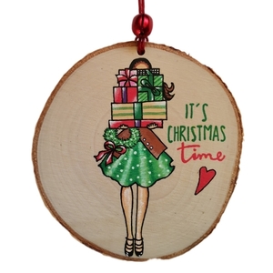 Προσωποποιημένο χειροποίητο χριστουγεννιάτικο ξύλινο στολίδι 9 εκ. "girl with presents" - ξύλο, στολίδια