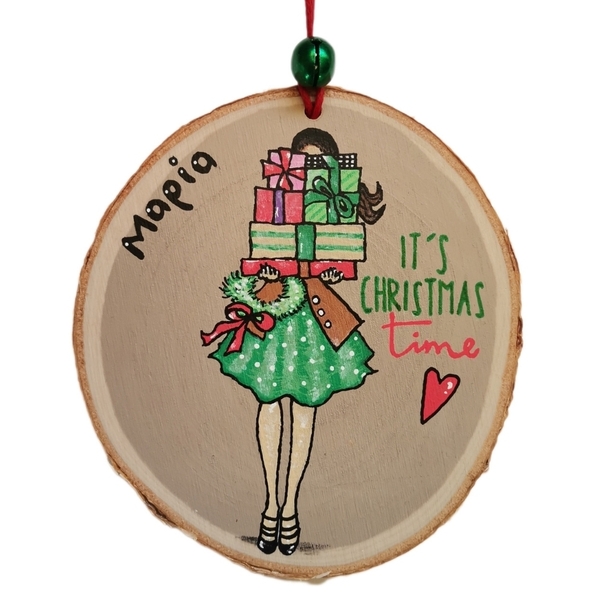 Προσωποποιημένο χειροποίητο χριστουγεννιάτικο ξύλινο στολίδι 9 εκ. "girl with presents" - ξύλο, στολίδια - 2