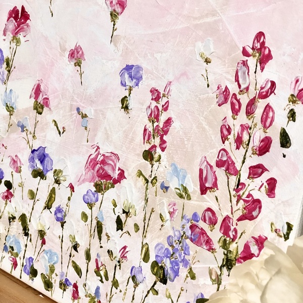 Pink flowers garden painting - πίνακες & κάδρα, φλοράλ, πίνακες ζωγραφικής - 2