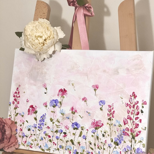 Pink flowers garden painting - πίνακες & κάδρα, φλοράλ, πίνακες ζωγραφικής - 3
