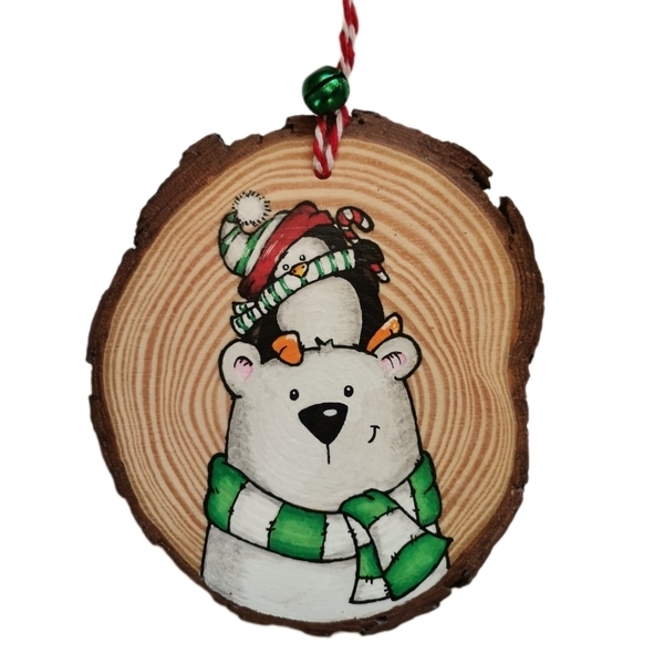 Προσωποποιημένο χειροποίητο χριστουγεννιάτικο ξύλινο στολίδι με αρκουδάκι και πιγκουινάκι - ξύλο, στολίδια