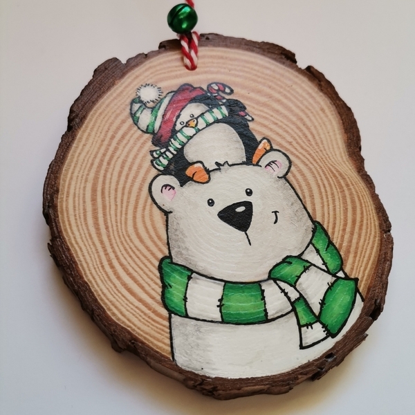 Προσωποποιημένο χειροποίητο χριστουγεννιάτικο ξύλινο στολίδι με αρκουδάκι και πιγκουινάκι - ξύλο, στολίδια - 2