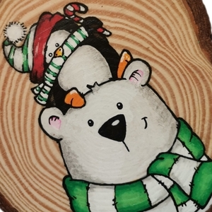 Προσωποποιημένο χειροποίητο χριστουγεννιάτικο ξύλινο στολίδι με αρκουδάκι και πιγκουινάκι - ξύλο, στολίδια - 3